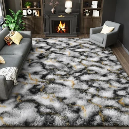 LOCHAS Fluffy Shag Area Rug 5 × 8 ft, Grey-Gold