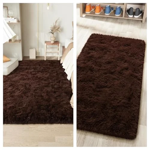 LOCHAS Ultra Soft Shag Rug 4 × 6 + 2 × 4 ft, Brown