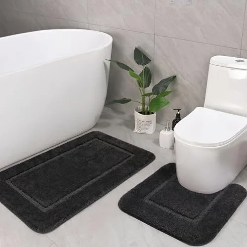 LOCHAS Chenille Bath Rug Set (2 pc) 20 × 20 + 34 × 21 in, Dark Grey