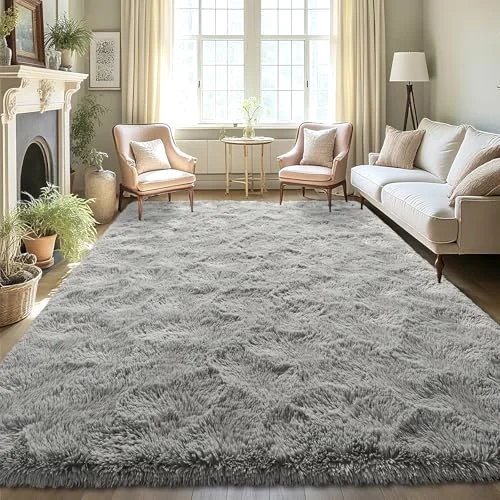LOCHAS Fluffy Shag Area Rug 3 × 5 ft, Grey
