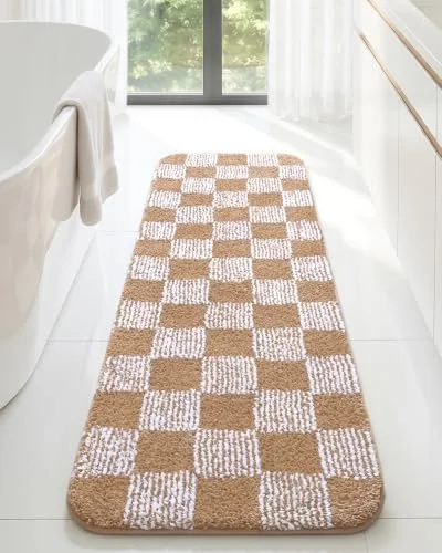 LOCHAS Checkered Bath Mat 48 × 17 in, Brown
