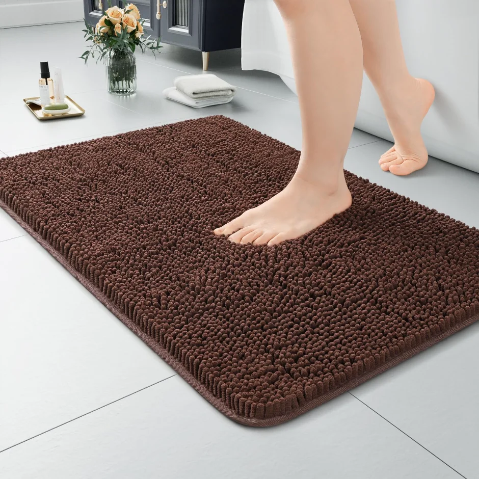 LOCHAS Luxury Chenille Bath Mat 24 × 17 in, Brown