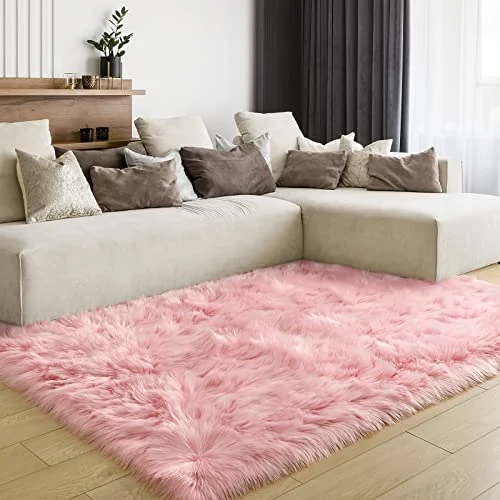 LOCHAS Faux Fur Bedside Rug 3 × 5 ft, Pink