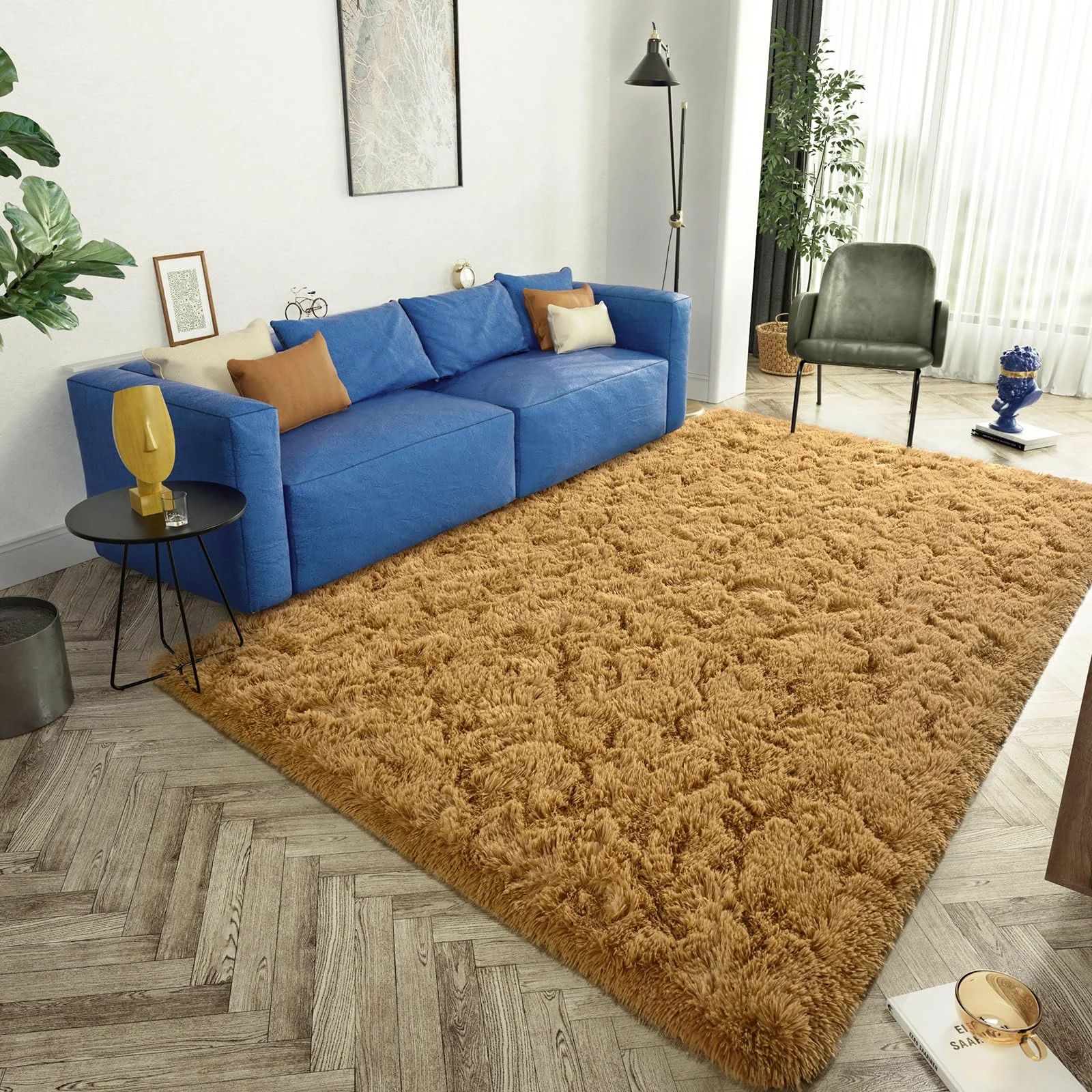 The same khaki against a blue sofa, because deep pile carries strong colour well.