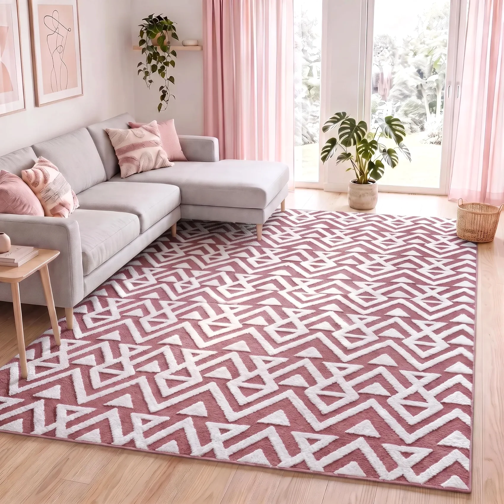 A pink LOCHAS chevron rug filling a bright sitting room