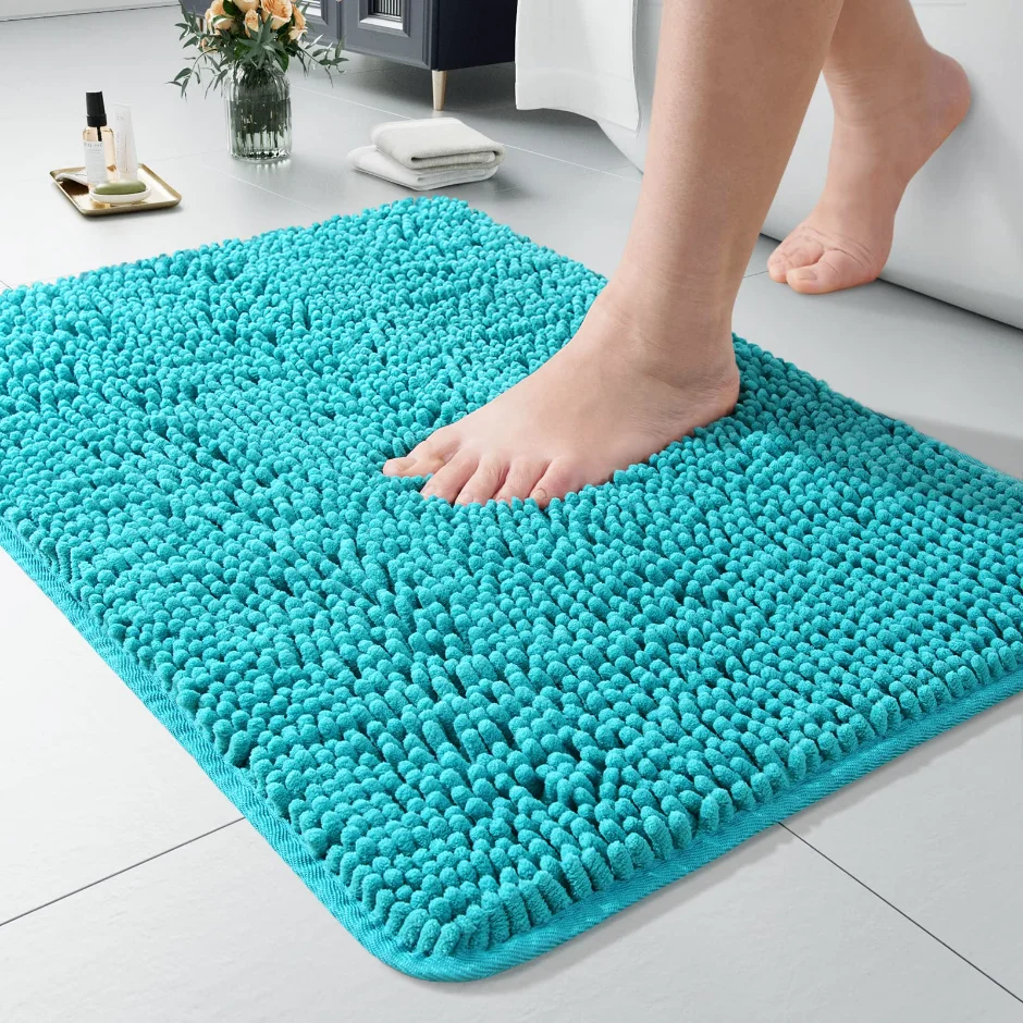 LOCHAS Luxury Chenille Bath Mat 24 × 17 in, Teal Blue