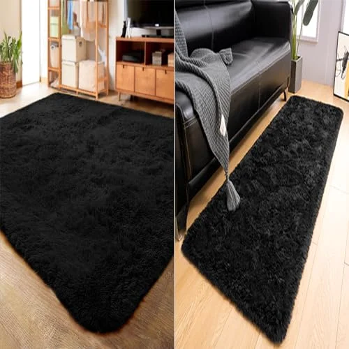 LOCHAS Shag Rug and Runner Set (2 pc) 4 × 5.3 + 2 × 6 ft, Black