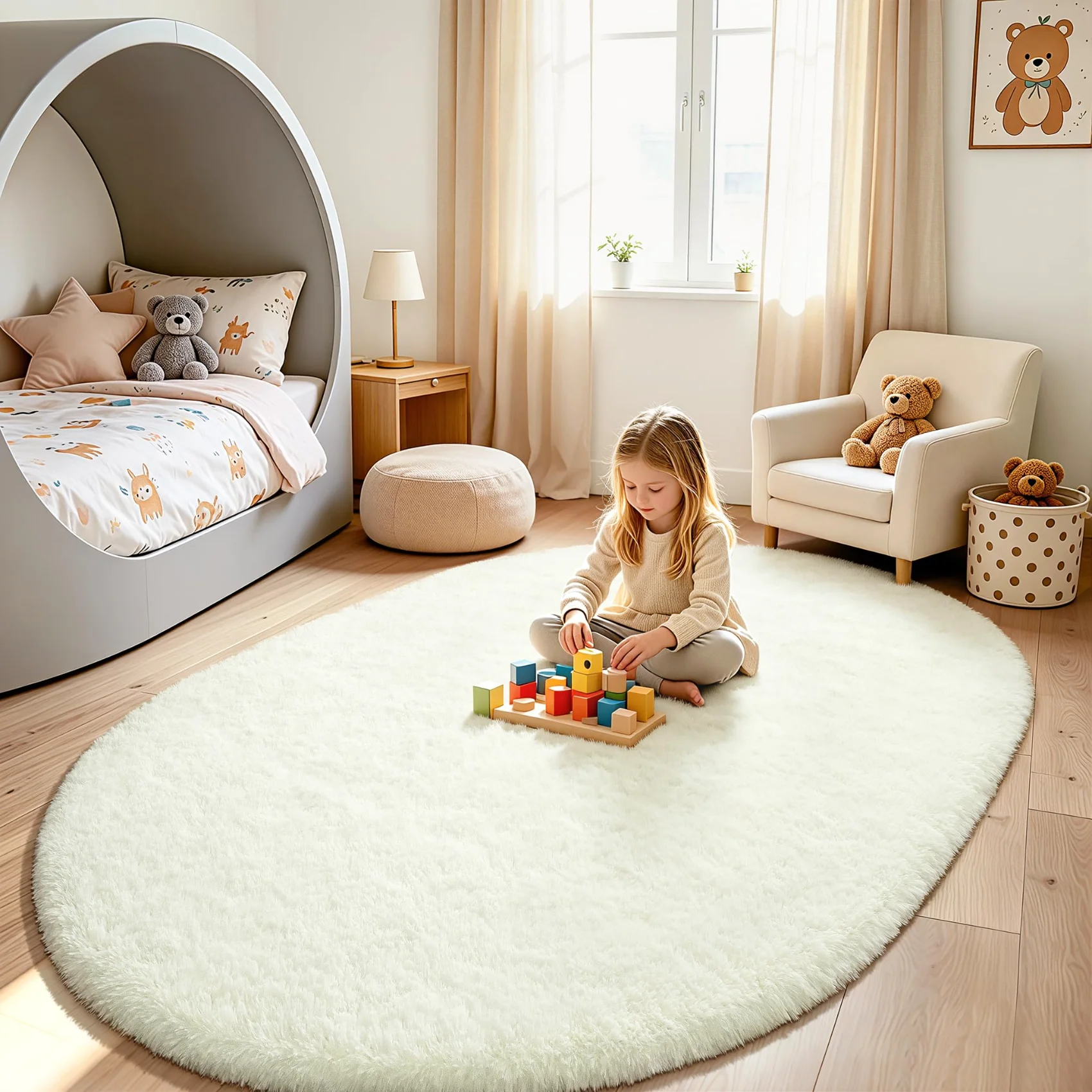 Cream oval in a play corner, low enough for a door to swing over it.
