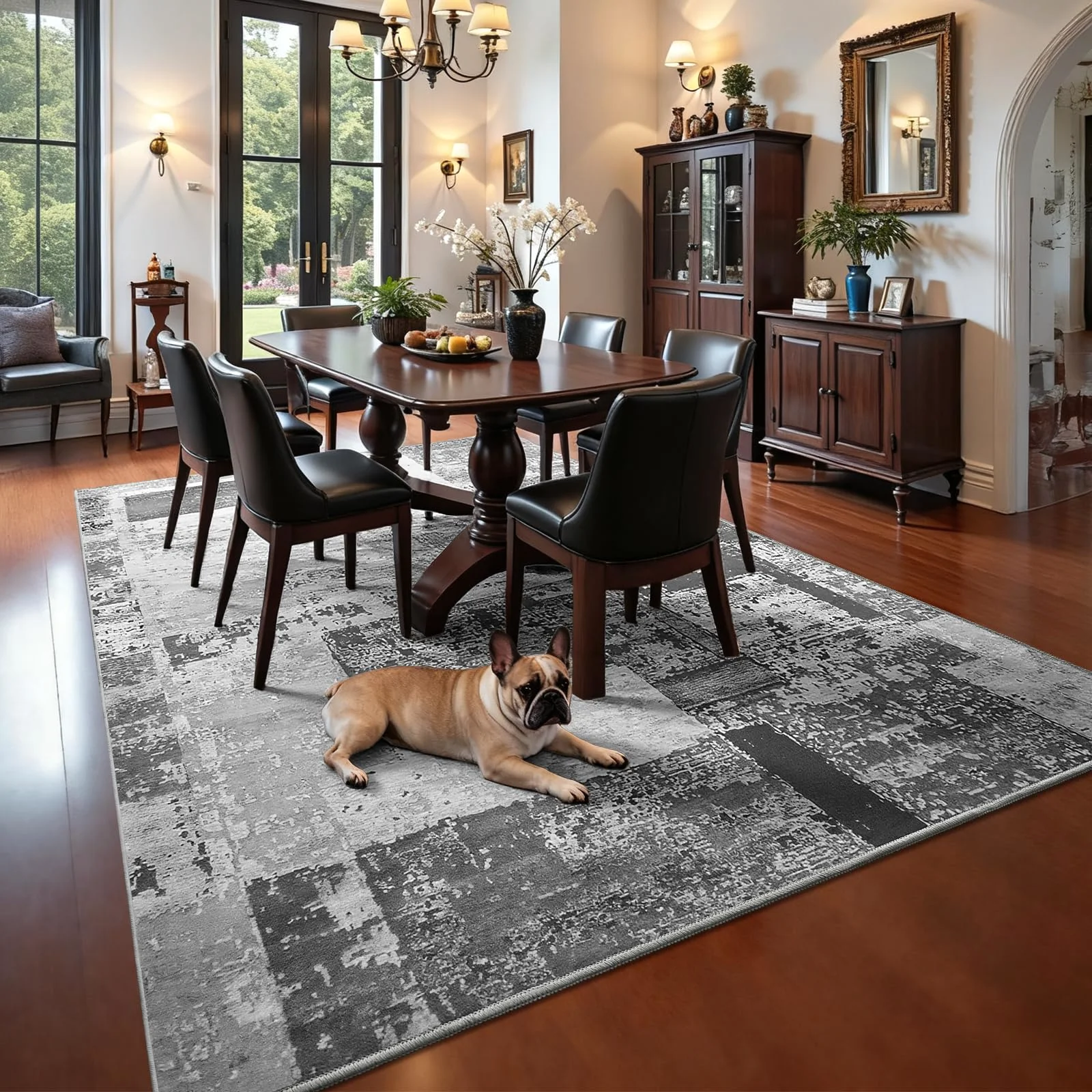 Low-pile washable under a dining table, where chairs move four times a day.