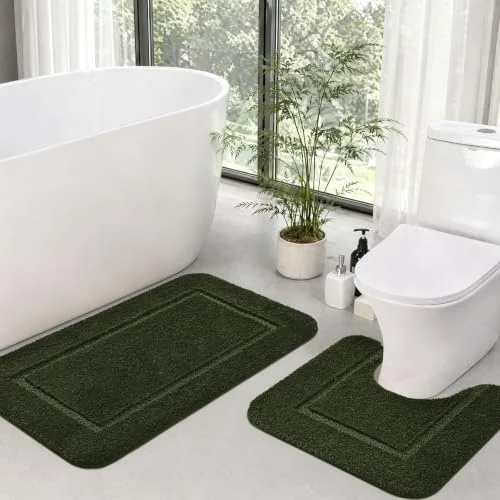 LOCHAS Chenille Bath Rug Set (2 pc) 20 × 20 + 34 × 21 in, Olive Green