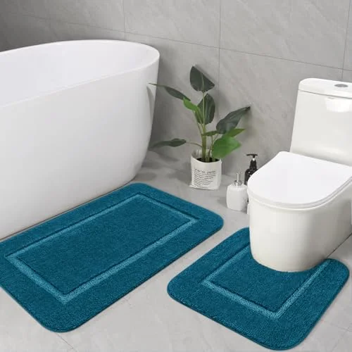 LOCHAS Chenille Bath Rug Set (2 pc) 20 × 20 + 34 × 21 in, Peacock Blue