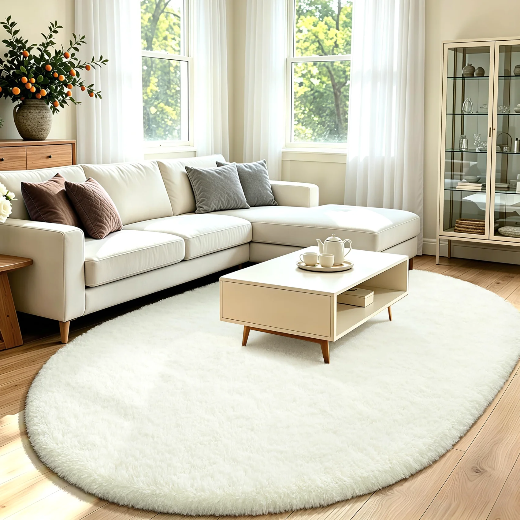 An oval under a coffee table: the shape reads smaller than it measures.