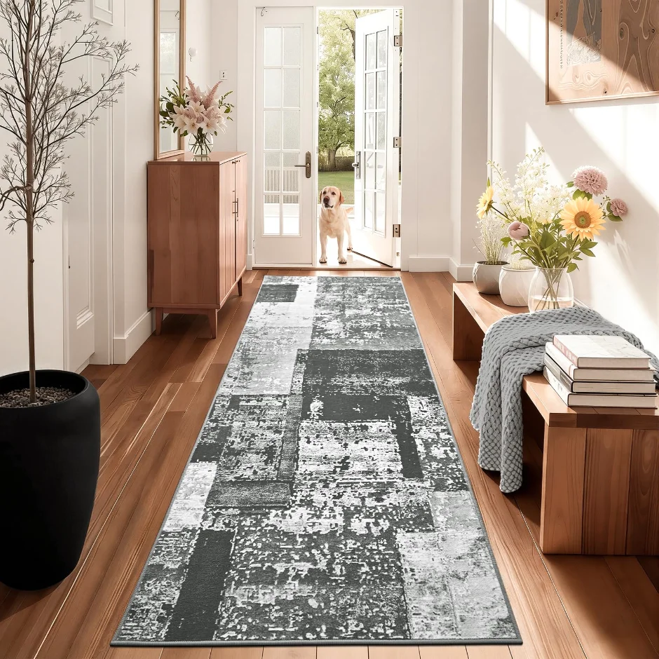 LOCHAS Washable Hallway Runner 2 × 8 ft, Black Grey