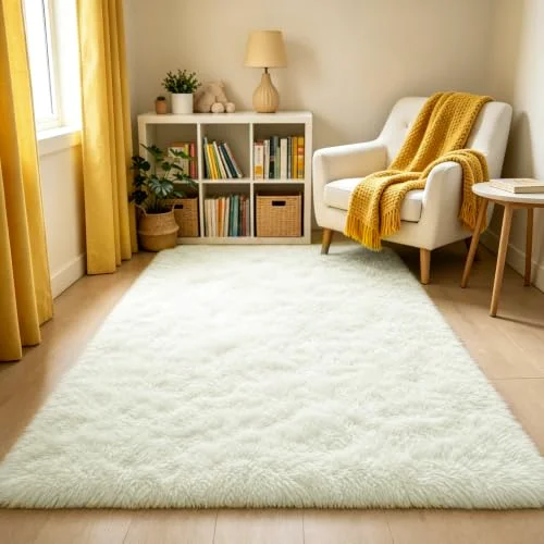 LOCHAS Fluffy Shag Area Rug 3 × 5 ft, Cream